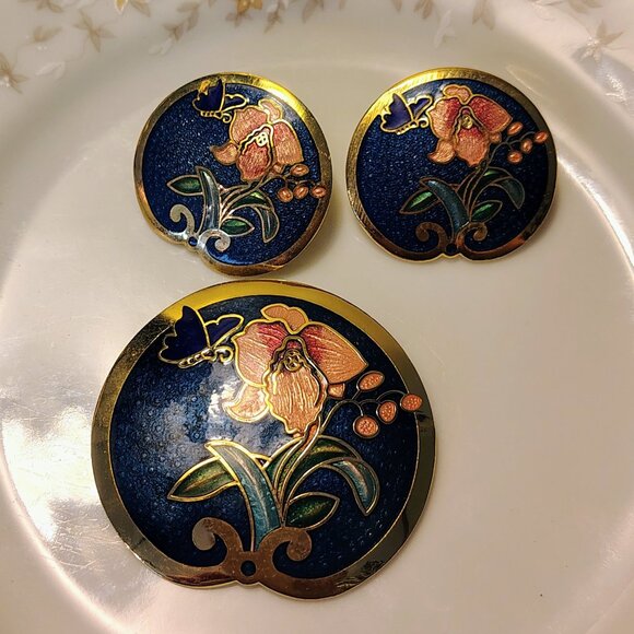 Vtg Cloisonne Enameled Round Floral Butterfly Brooch And Earring Set Navy - Picture 6 of 6